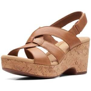Clarks Women Giselle Beach Slingback Cork Wedge Sandal Size US 7.5M Tan Leather